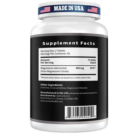I Love Health Magnesium Citrate, 400mg, Heart Health Support, 100 vegetarian Tablets