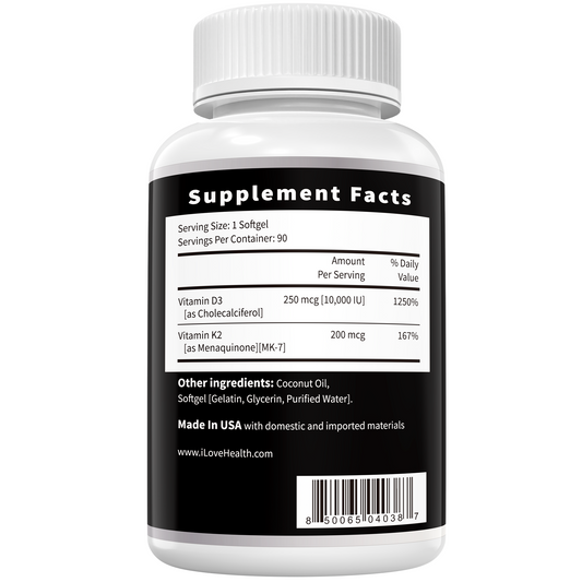 Vitamin D3 10000 IU with K2 (MK-7) Supplement – 90 Softgels – Non-GMO, Gluten-Free – Supports Bone, Heart & Immune Health – Enhanced Absorption – Made in USA