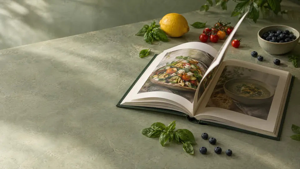 An open cookbook surrounded by fresh ingredients on a sunlit kitchen table