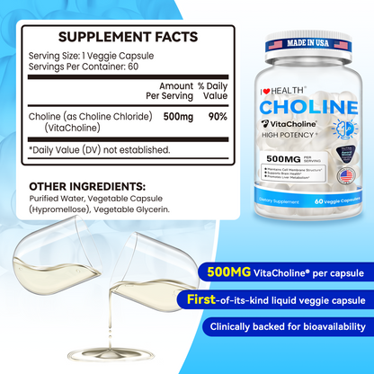 First Liquid Choline Supplement 500mg with VitaCholine® – USA Cognitive Health Award Winner – Superior Absorption – Supports Pregnancy, Baby Brain Development, Liver & Cell Health – 60 Veggie Capsules