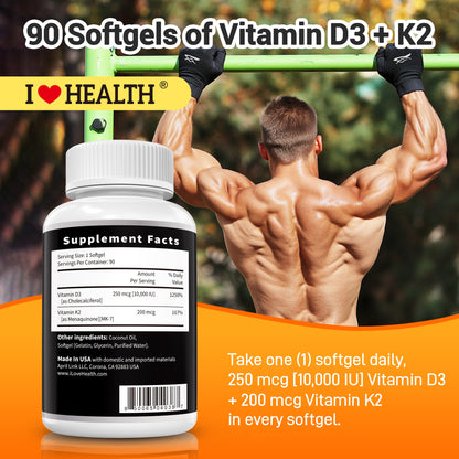 Vitamin D3 10000 IU with K2 (MK-7) Supplement – 90 Softgels – Non-GMO, Gluten-Free – Supports Bone, Heart & Immune Health – Enhanced Absorption – Made in USA