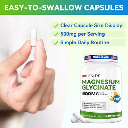 Magnesium Glycinate  – 240 Capsules – High Absorption Magnesium Supplement  – Gentle on Stomach – Made in USA