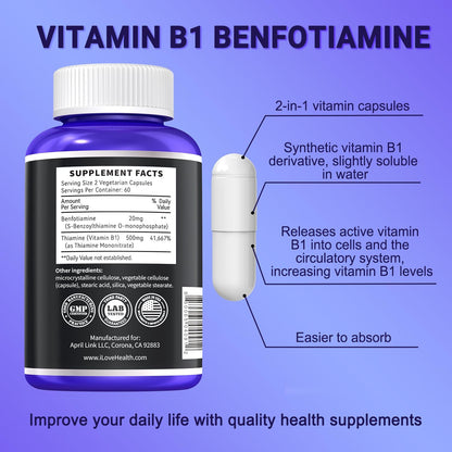 I Love Health Vitamin B1 500mg with Benfotiamine 20mg, 120 Capsules – 2 in 1 B-1 Complex Enhanced Formula – Fat & Water Soluble Thiamine B1 Supplement – Third Party Lab Tested, Non-GMO, No Gluten, MADE In USA