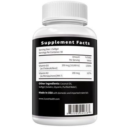 Vitamin D3 10000 IU with K2 (MK-7) Supplement – 90 Softgels – Non-GMO, Gluten-Free – Supports Bone, Heart & Immune Health – Enhanced Absorption – Made in USA