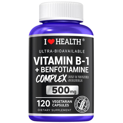 I Love Health Vitamin B1 500mg with Benfotiamine 20mg, 120 Capsules – 2 in 1 B-1 Complex Enhanced Formula – Fat & Water Soluble Thiamine B1 Supplement – Third Party Lab Tested, Non-GMO, No Gluten, MADE In USA