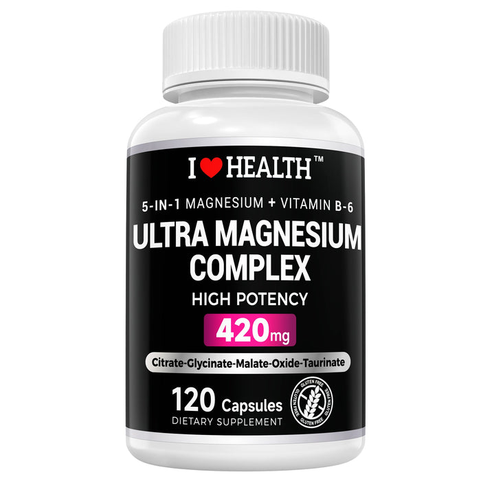 5-in-1 Magnesium Complex + Vitamin B6 Supplement - 420MG - High Absorption Magnesium Supplement for Sleep, Nerves, Muscles, Bones, 120 Capsules