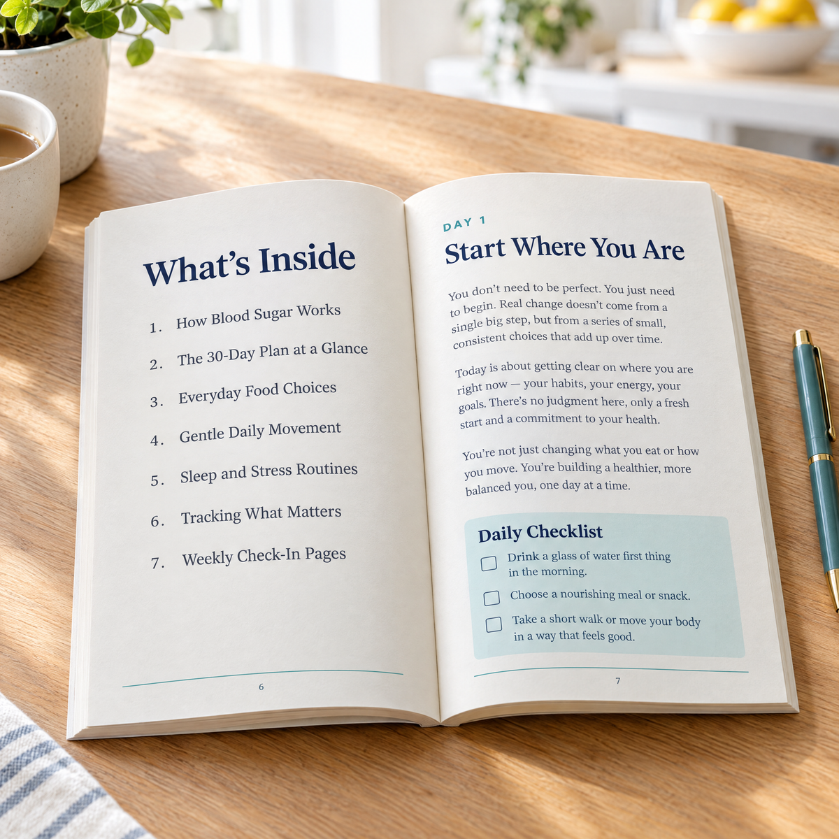 Inside the book — contents page and the start of Day 1