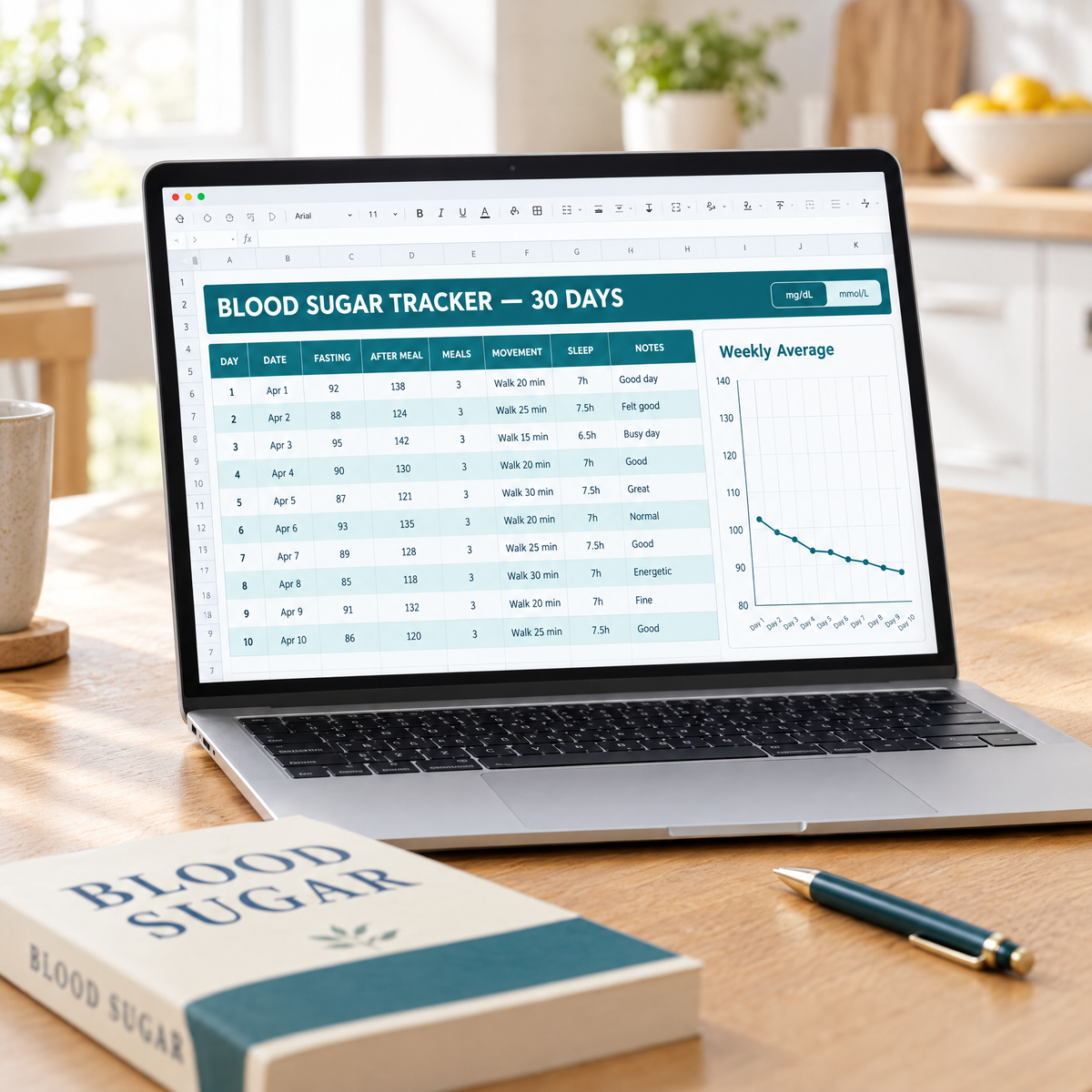 Included 30-day blood sugar tracker — Excel and Google Sheets, mg/dL and mmol/L