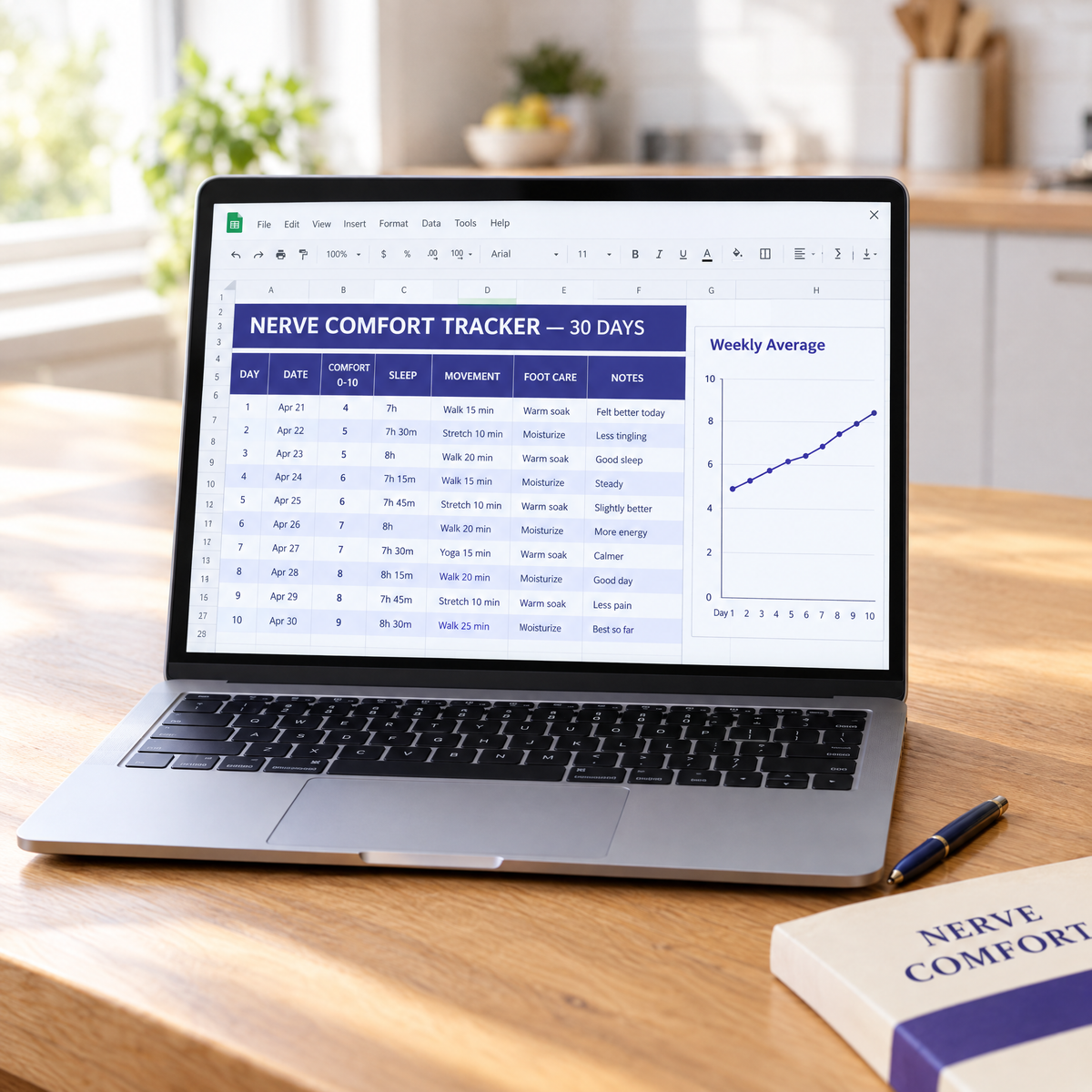 Included 30-day nerve comfort tracker — Excel and Google Sheets