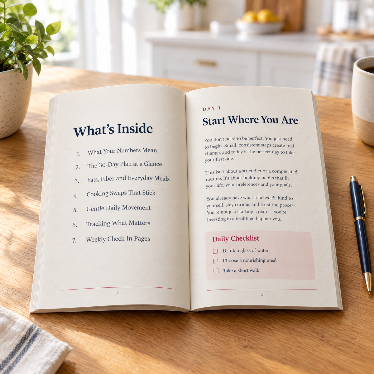 Inside the book — contents page and the start of Day 1