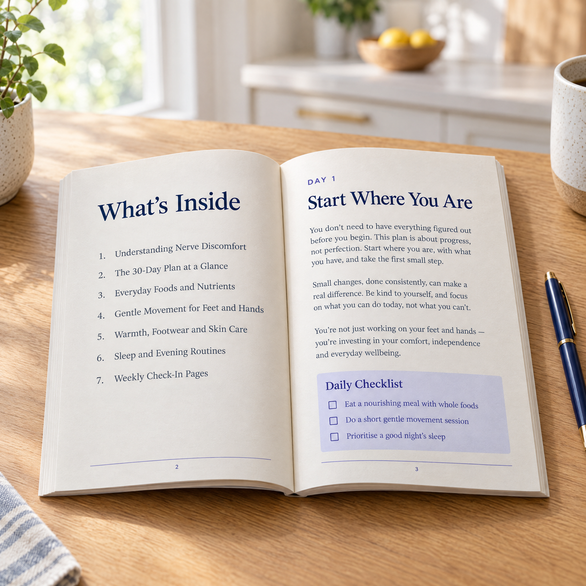 Inside the book — contents page and the start of Day 1