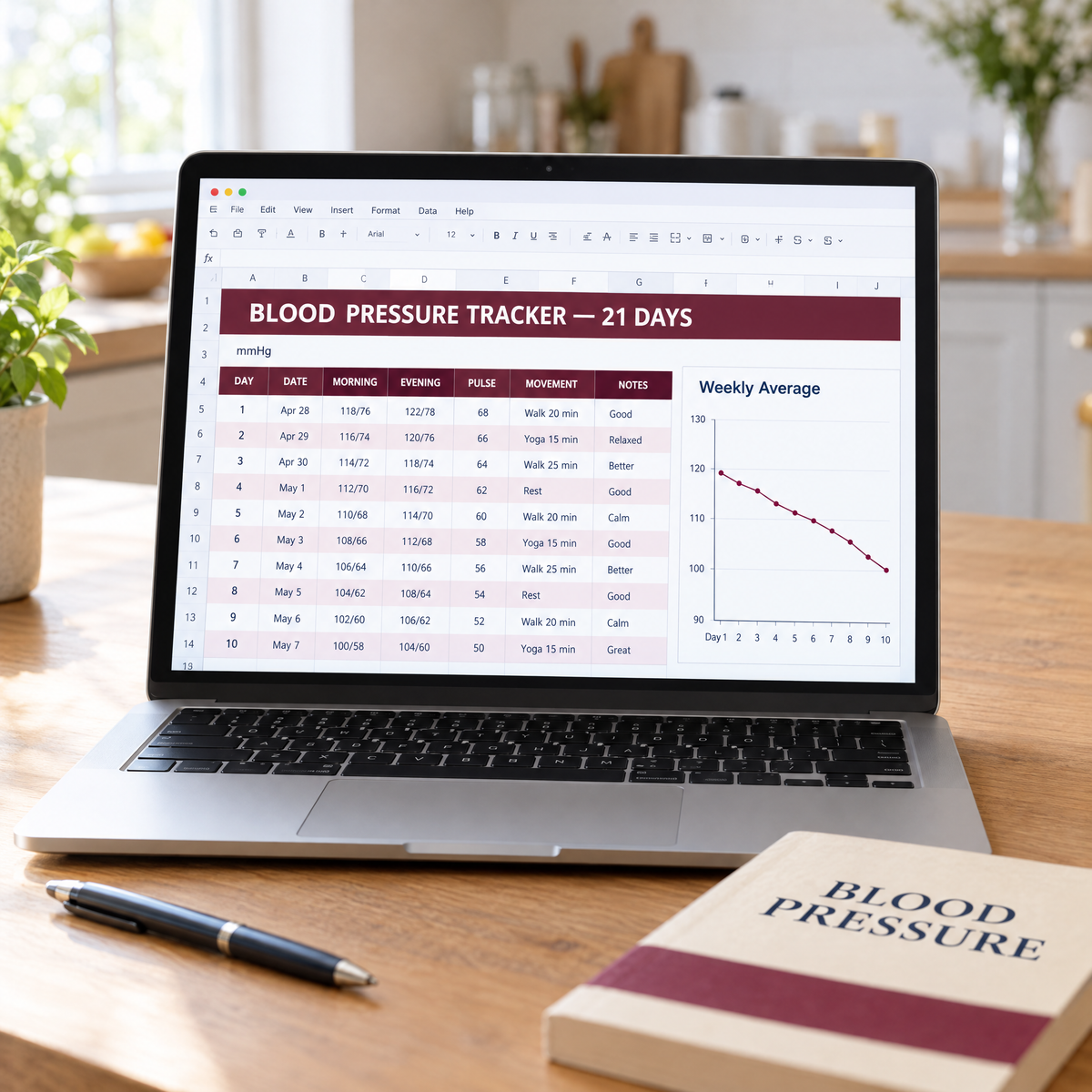 Included 21-day blood pressure tracker — Excel and Google Sheets
