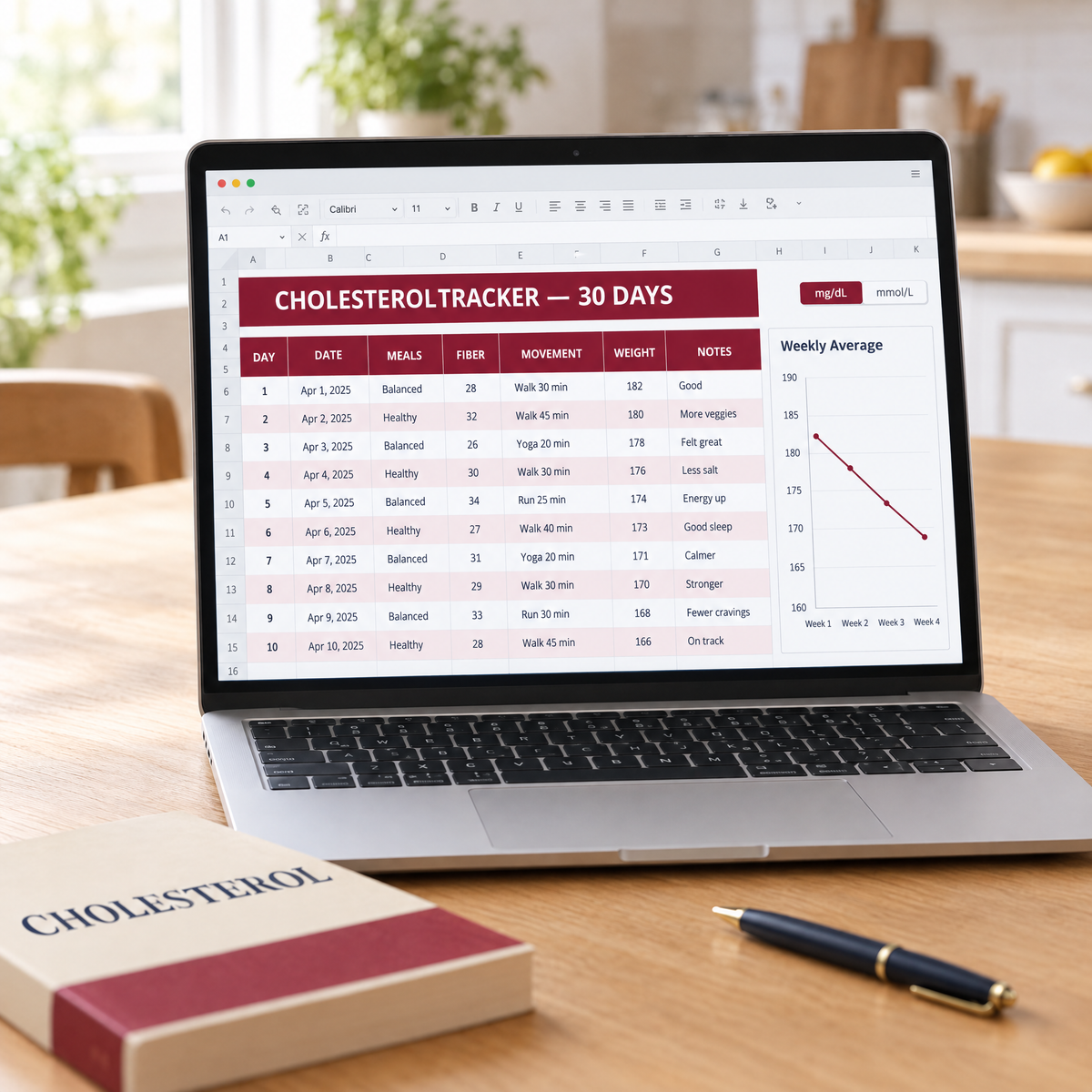 Included 30-day cholesterol tracker — Excel and Google Sheets, mg/dL and mmol/L