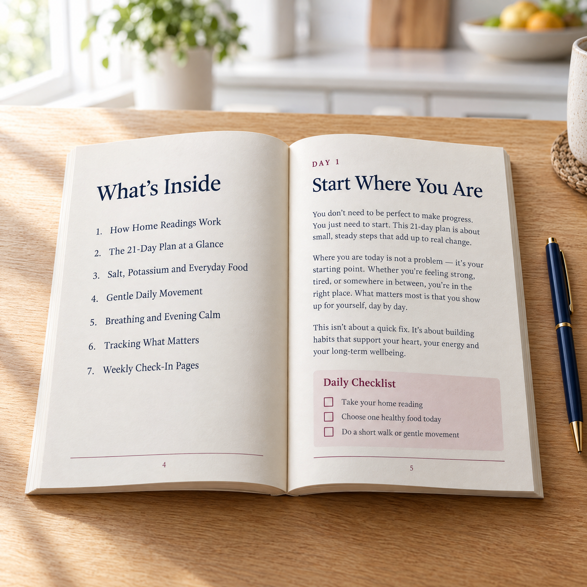 Inside the book — contents page and the start of Day 1