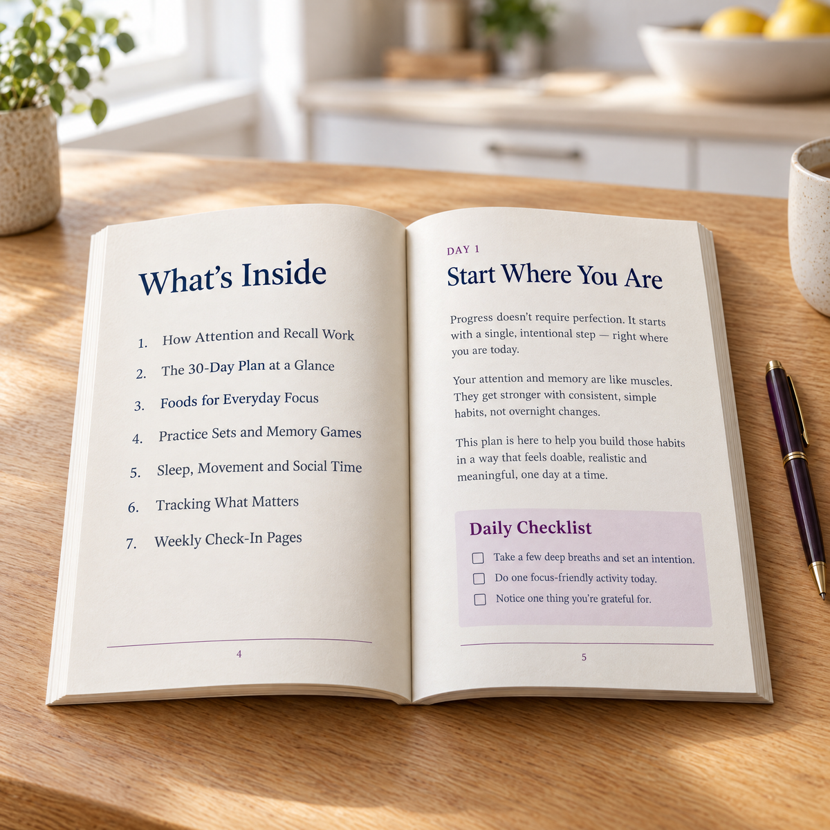 Inside the book — contents page and the start of Day 1