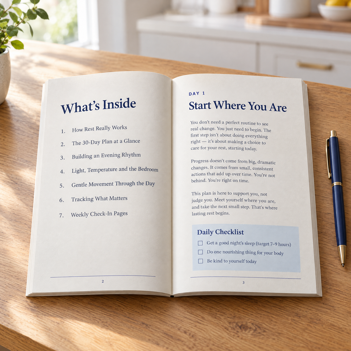 Inside the book — contents page and the start of Day 1