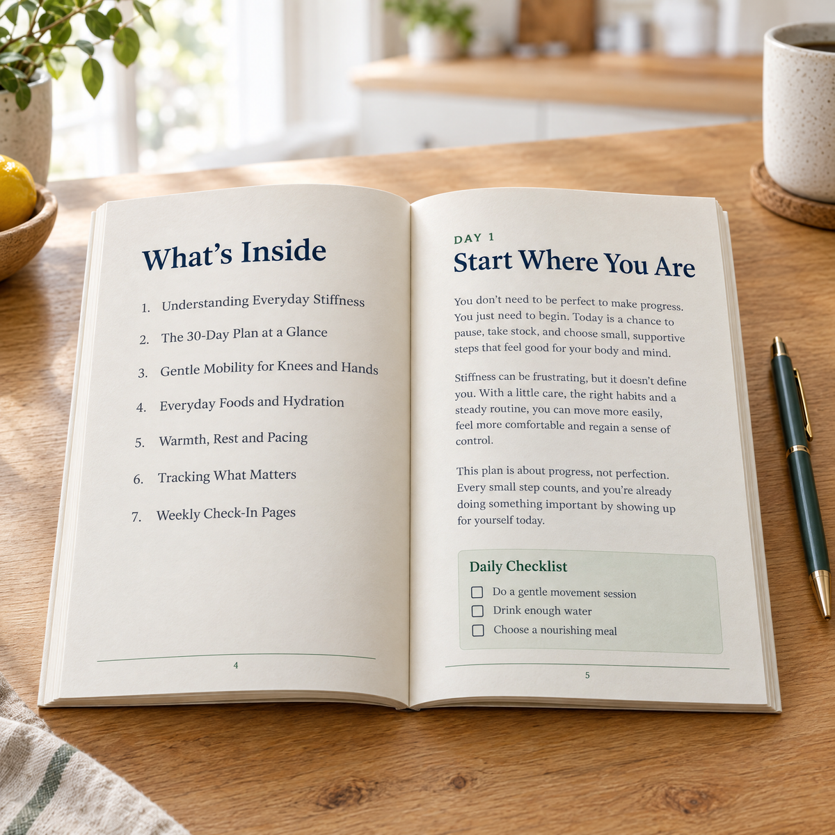 Inside the book — contents page and the start of Day 1