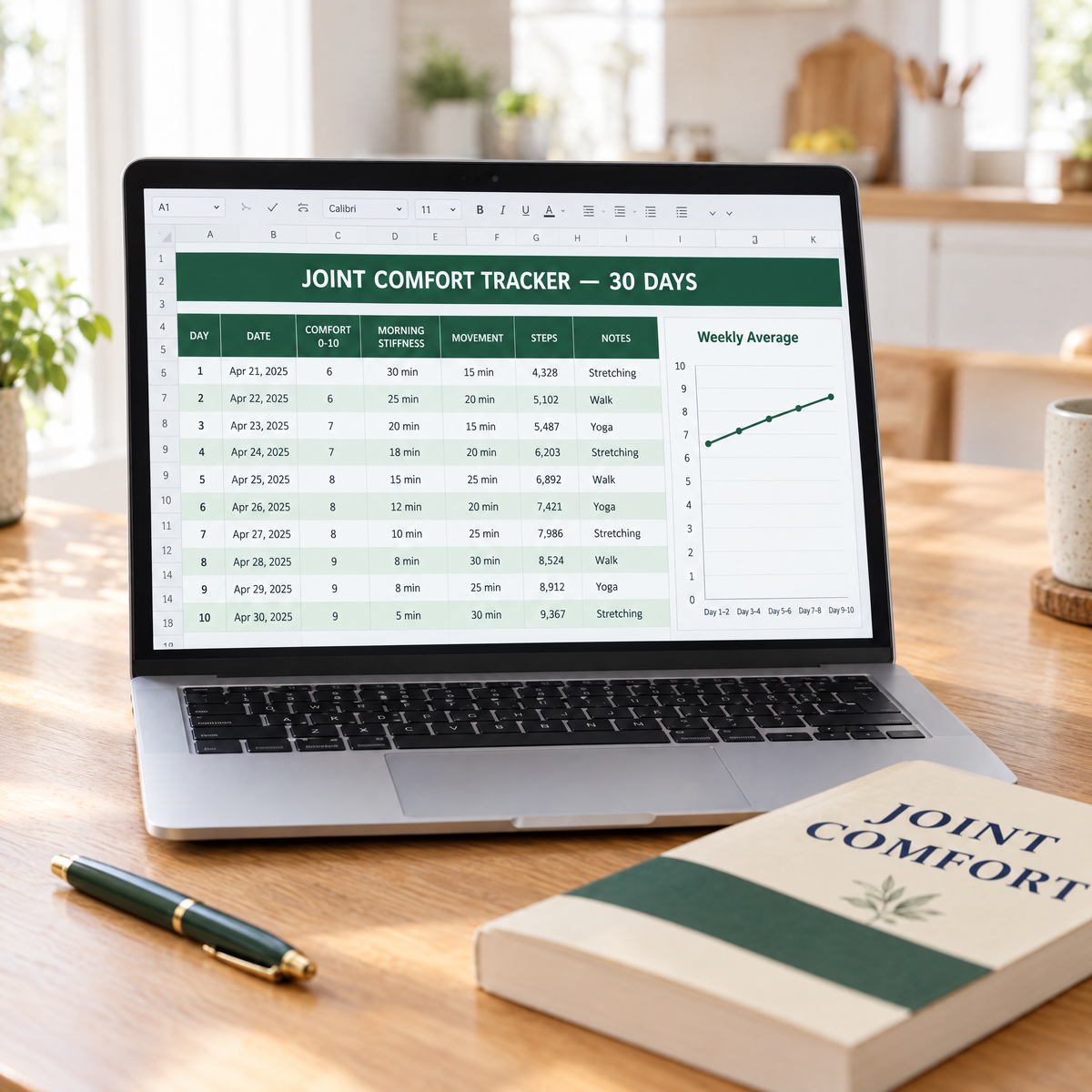 Included 30-day joint comfort tracker — Excel and Google Sheets