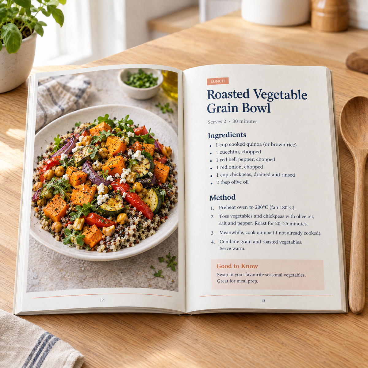 Inside the book — a full recipe page with photo, ingredients and method