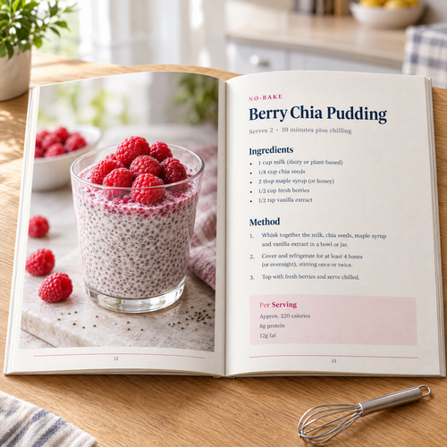 Inside the book — a full recipe page with photo, ingredients and portion notes