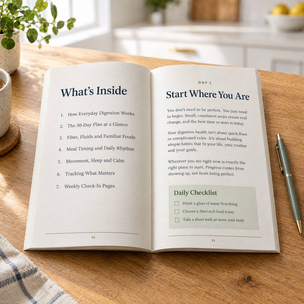 Inside the book — contents page and the start of Day 1