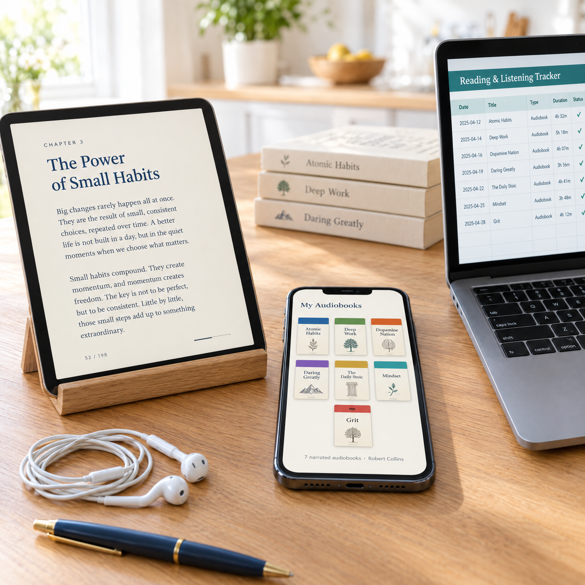 Everything included — eBooks, 7 audiobooks and 7 trackers on your devices