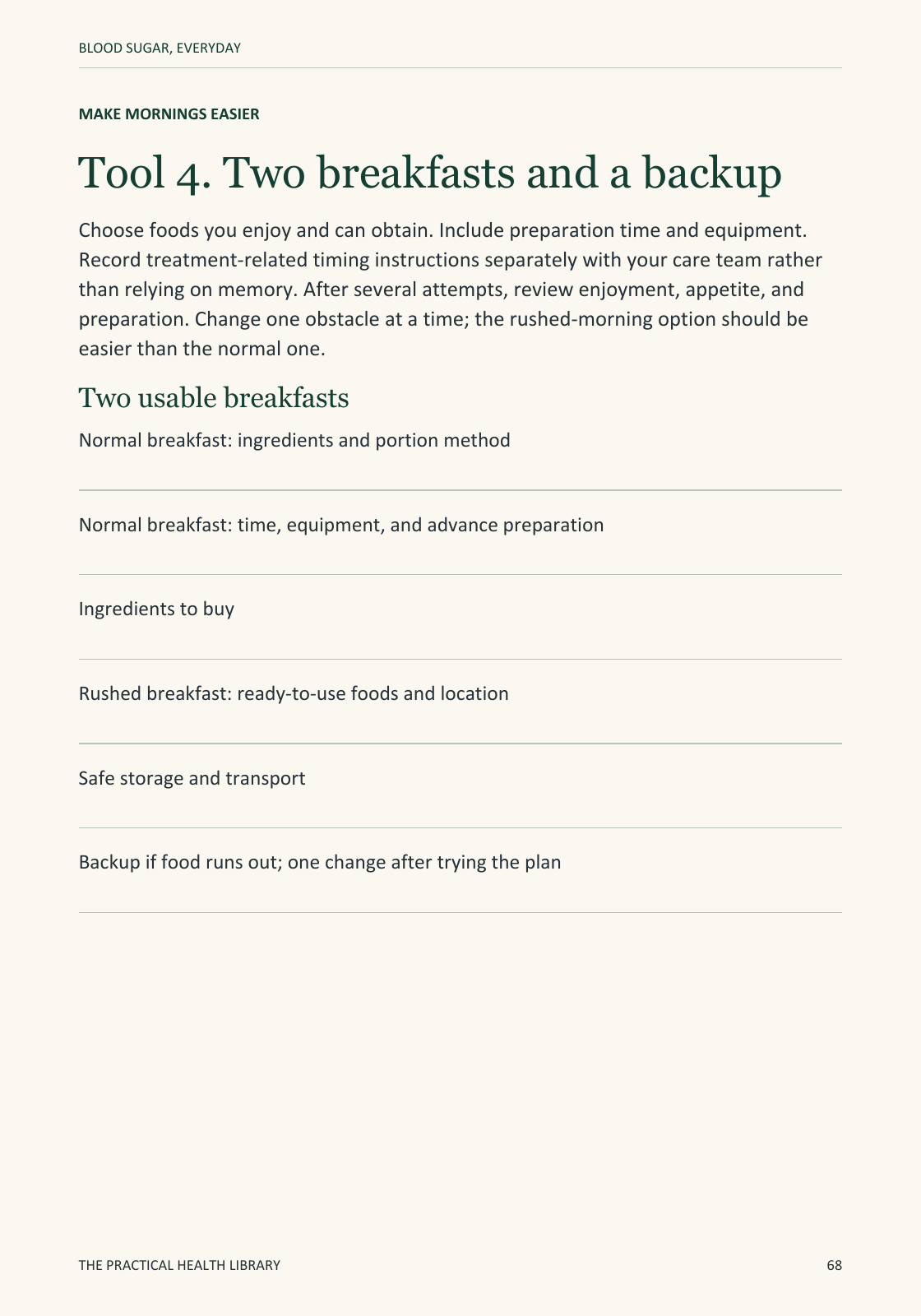 Sample page 68 from Blood Sugar, Everyday: Worksheet: two breakfasts and a backup.
