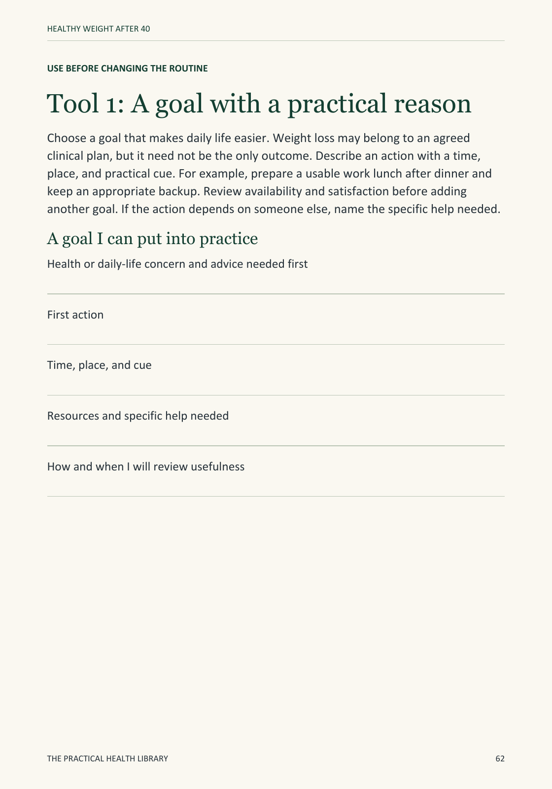 Sample page 62 from Healthy Weight After 40: Worksheet: a goal with a practical reason.