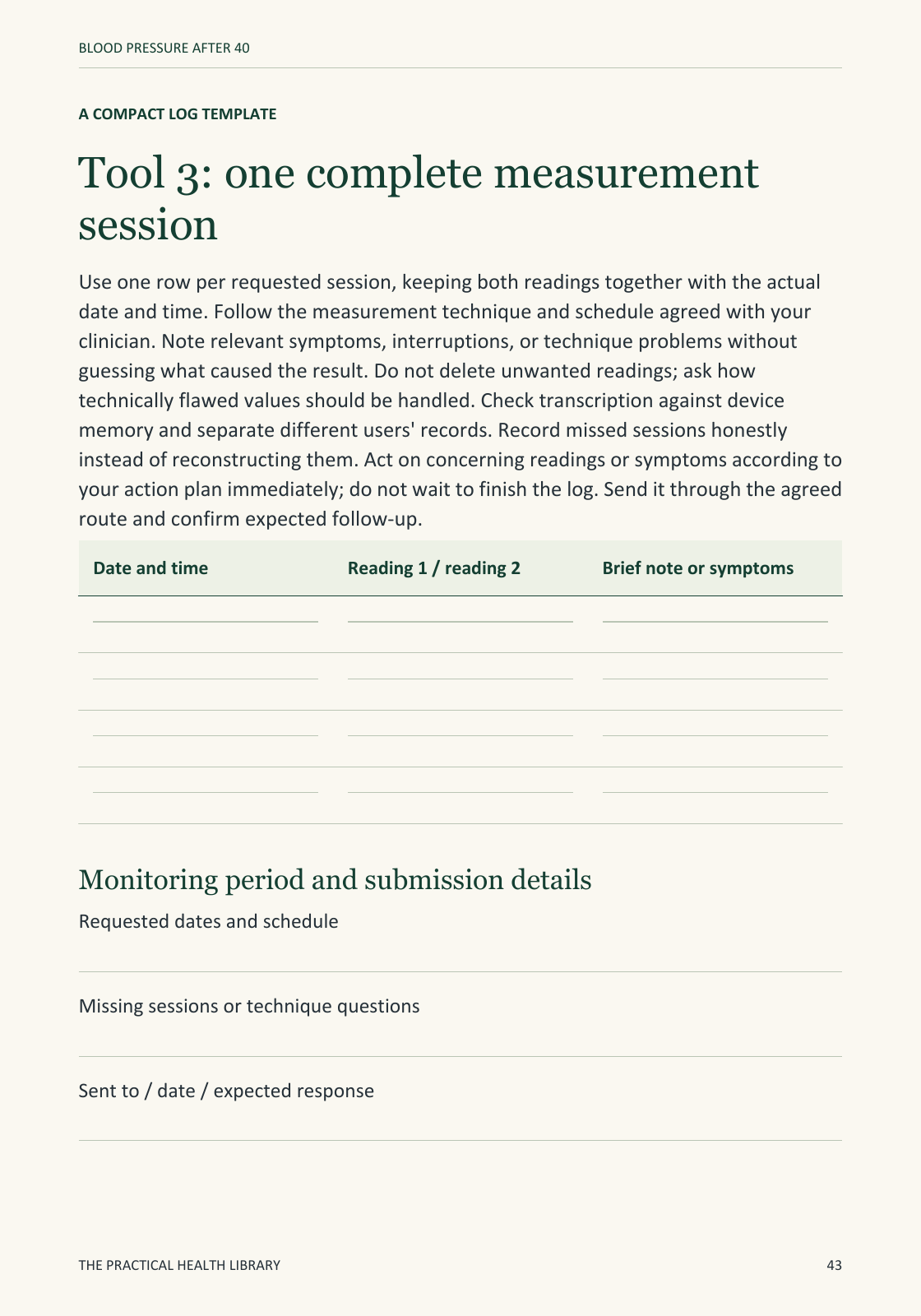Sample page 43 from Blood Pressure After 40: Worksheet: one complete measurement session.
