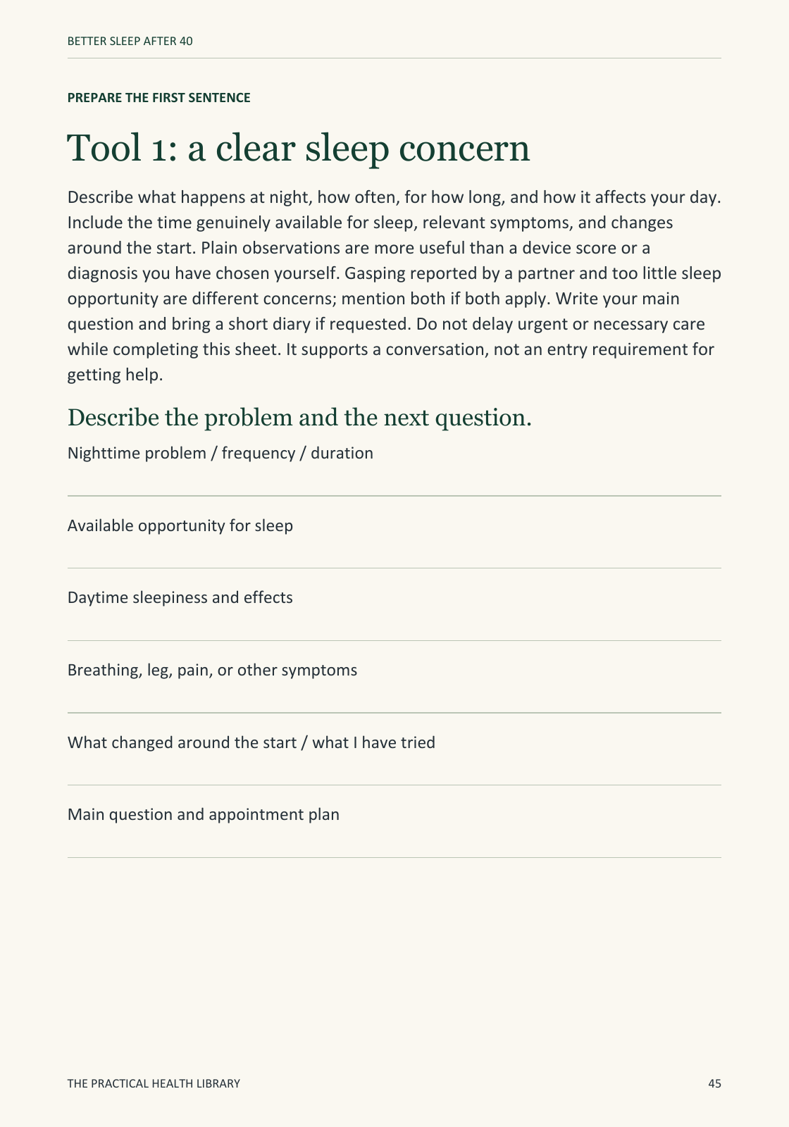 Sample page 45 from Better Sleep After 40: Teaching worksheet: describe a clear sleep concern.