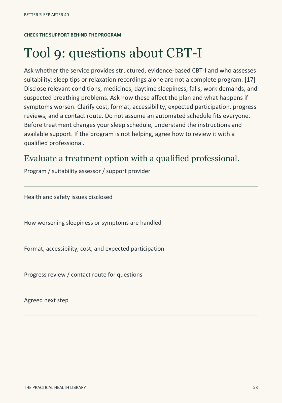 Sample page 53 from Better Sleep After 40: Worksheet: questions about CBT-I.