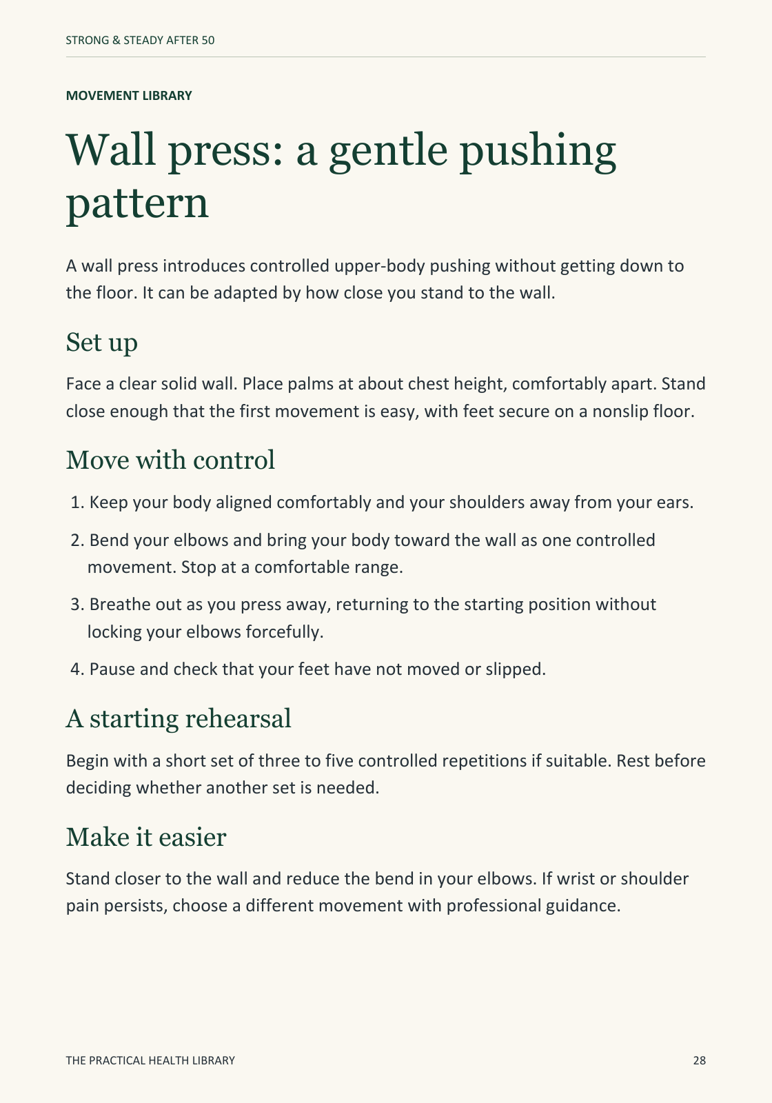 Sample page 28 from Strong & Steady After 50: Movement guide: wall press.