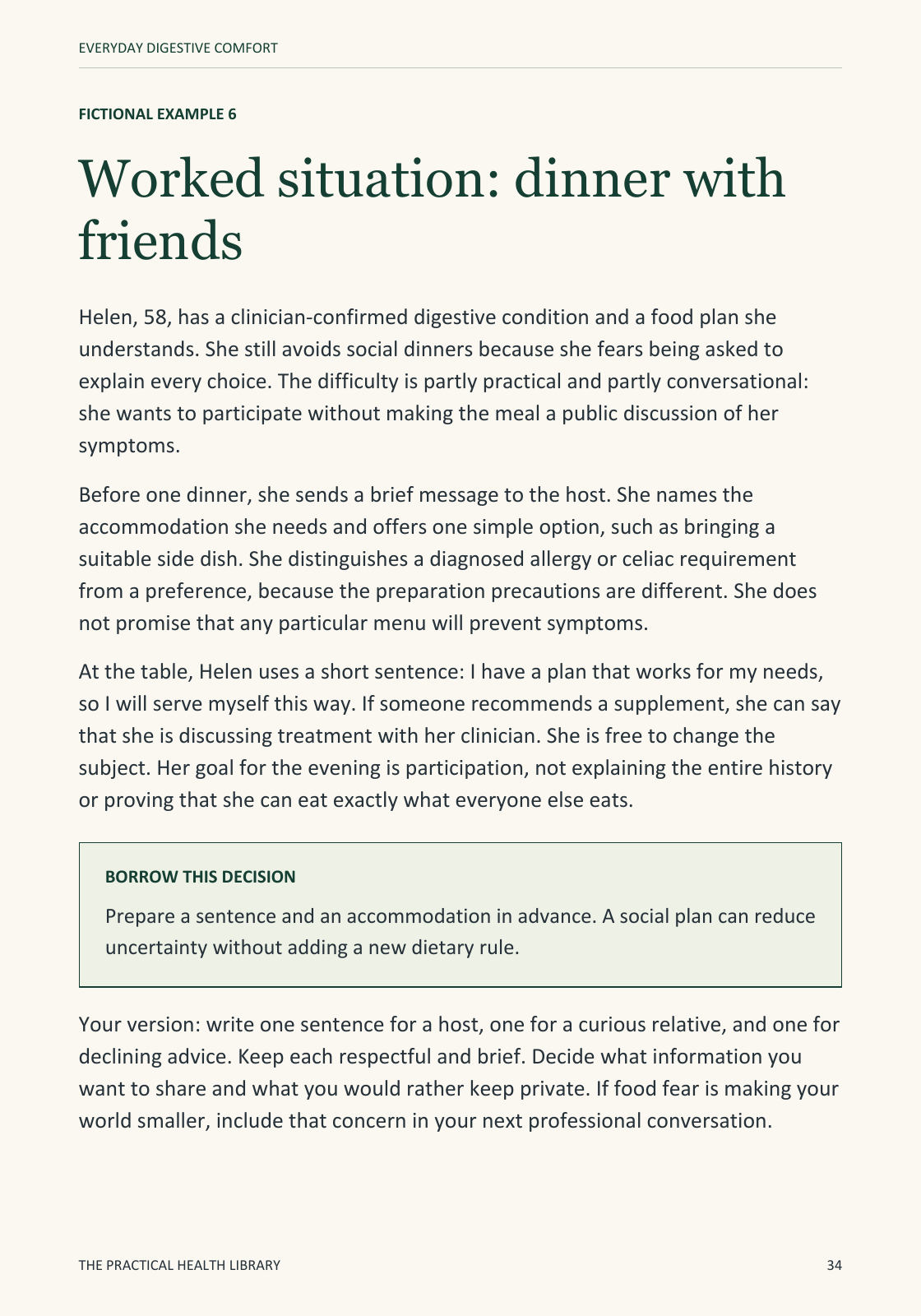 Sample page 34 from Everyday Digestive Comfort: Worked example: dinner with friends.