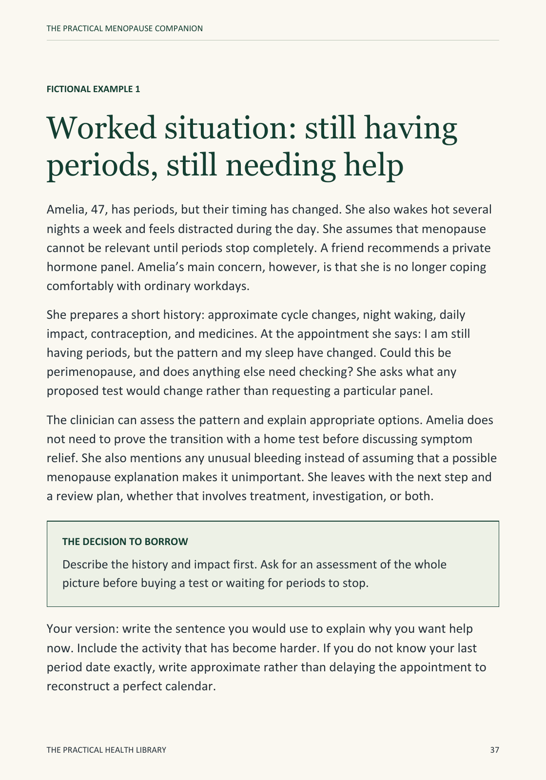 Sample page 37 from The Practical Menopause Companion: Worked example: still having periods, still needing help.