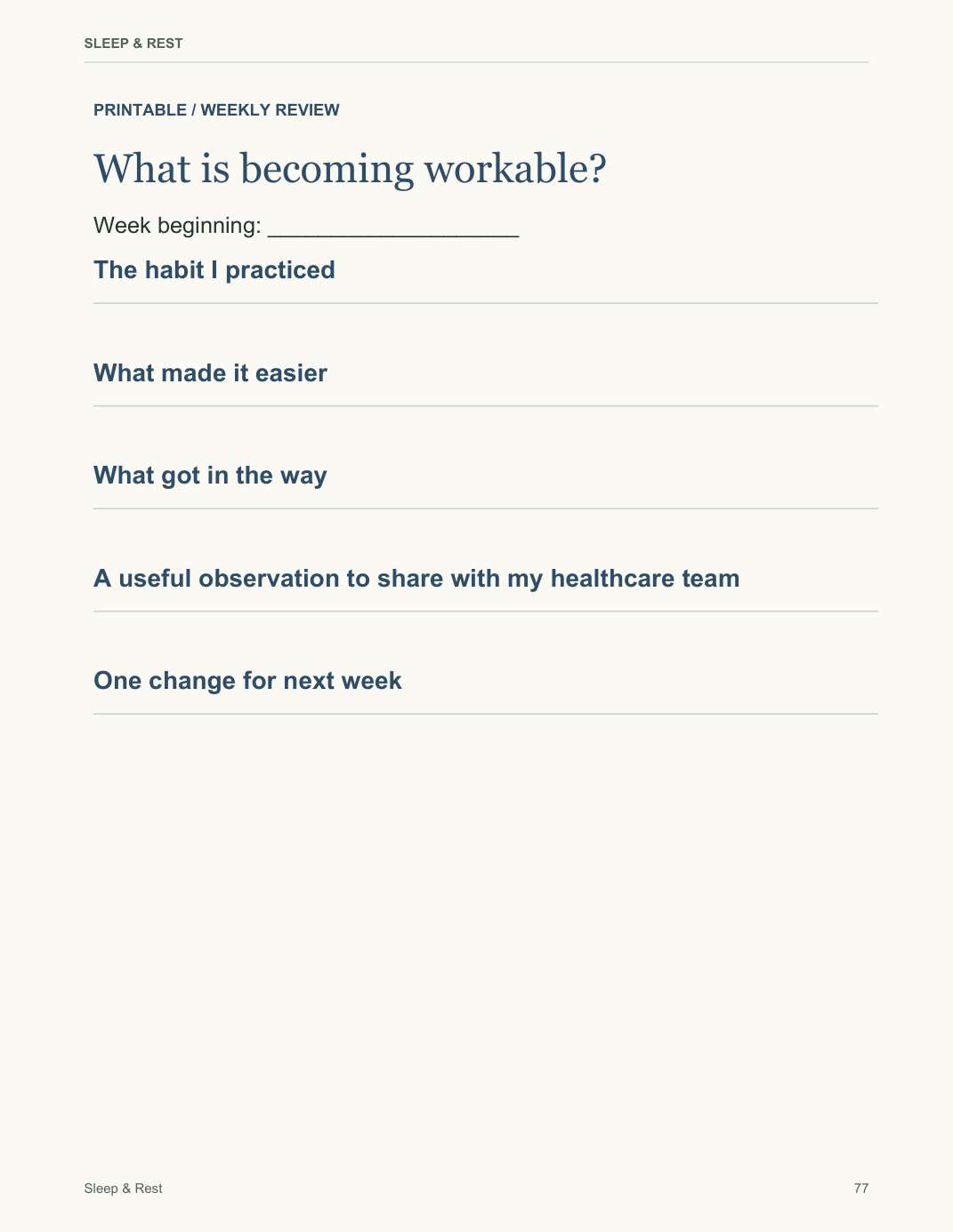 Sleep & Rest — actual PDF planning tool, page 77