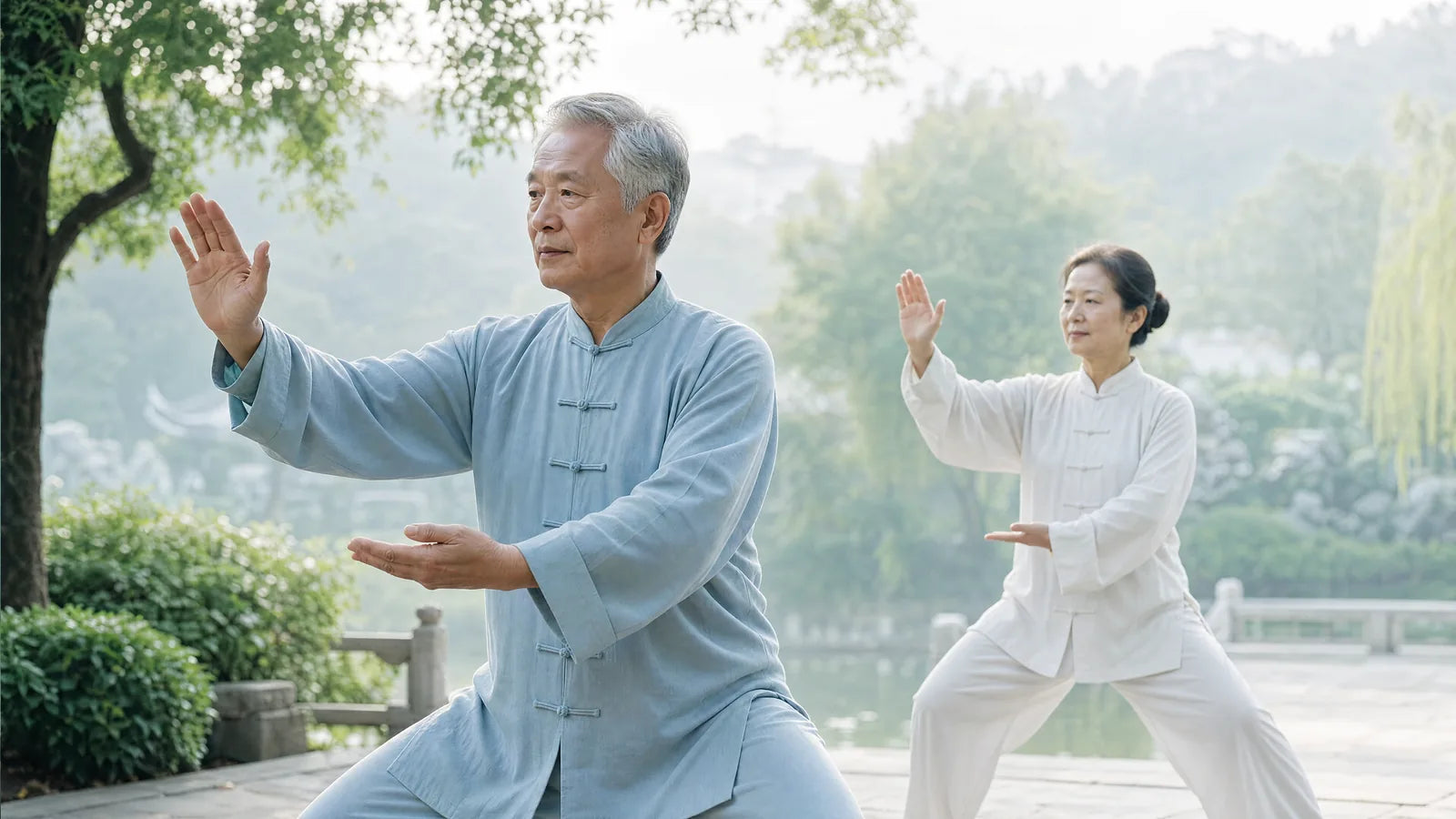 An older couple practicing tai chi in a peaceful garden